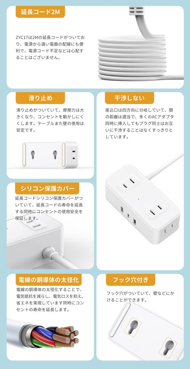 電源タップ 延長コード 2m 4個ac 2usb付き USB 1type-c コンセント スイッチ付き usb-c マルチ テーブルタップ 延長ケーブル おしゃれ スイングプラグ 壁掛け 延長コード2m usb コンセント 電源タップ スイッチ