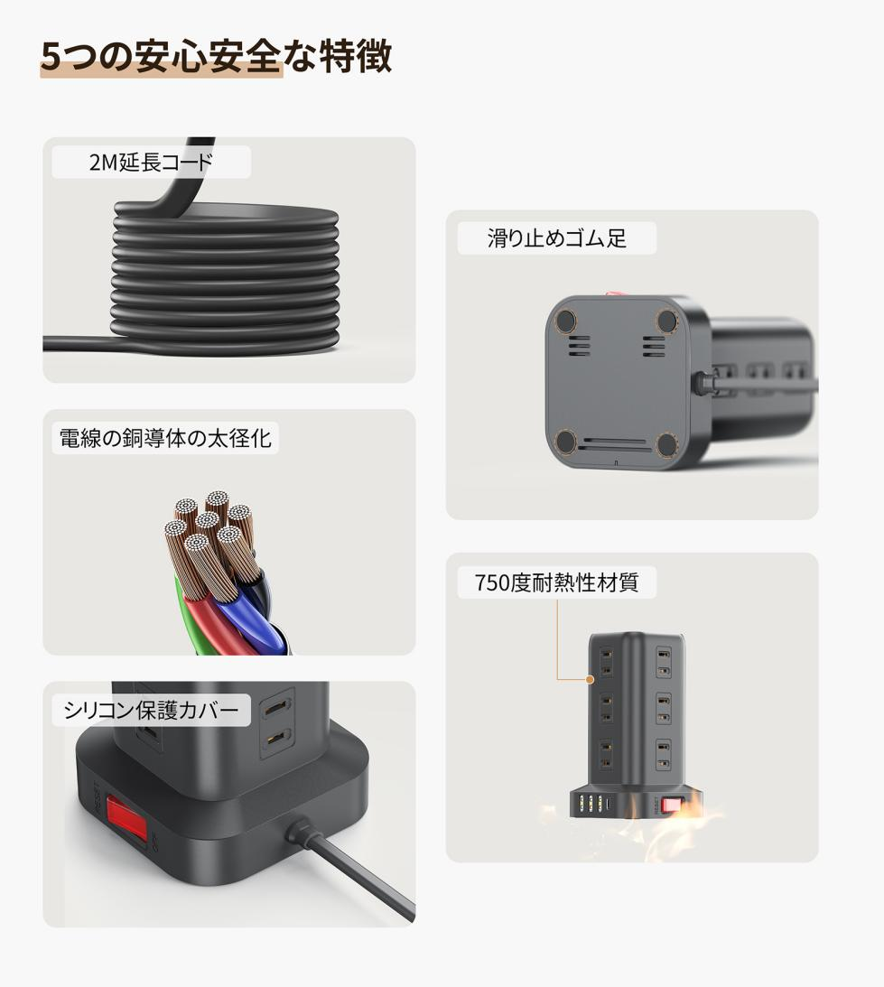 YUNDOO 電源タップ タワー たこあし usb コンセント 電源タップ usb 延長コード 2m AC12口 USB 4ポート たこあし コンセント急速充電 2m スマホ充電 回転 延長コード2m usb コンセント タップ 電源タップ スイッチ usb コンセント 電源タップ usb